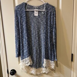 NWT Charlotte Russe Blue and Cream Cardigan with Lace Hem